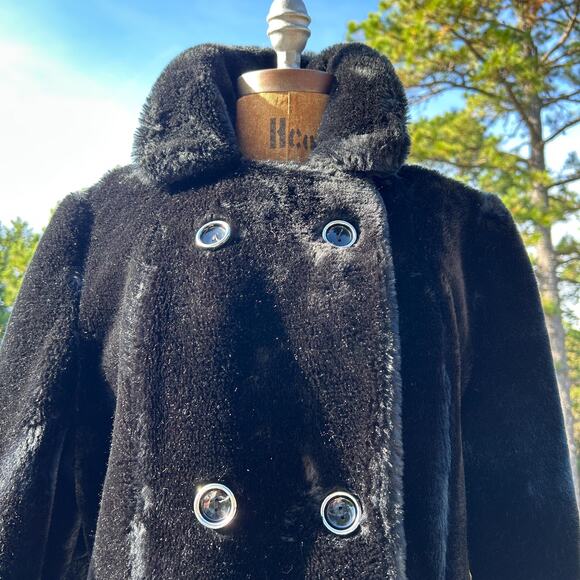 Vintage 70s Black Plush Faux Fur Belted Backside Midi Length Teddy Bear Coat - Picture 3 of 10